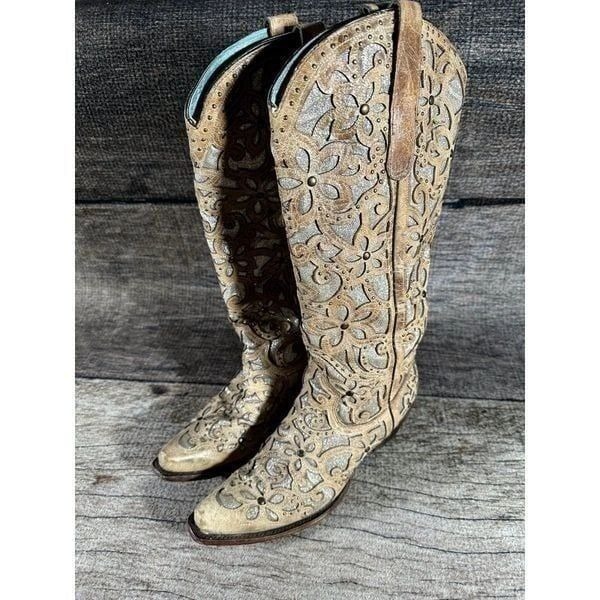 Corral Ladies Sand Brown Glitter Inlay & Studs Knee-High Boots Style A3673 9.5