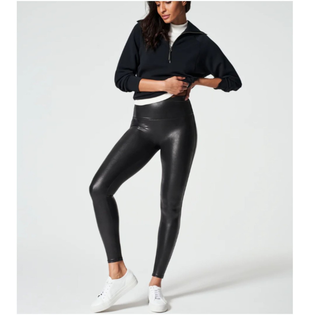 SPANX Women's 2437 Size XS Black Faux Leather Leggings Riding EUC