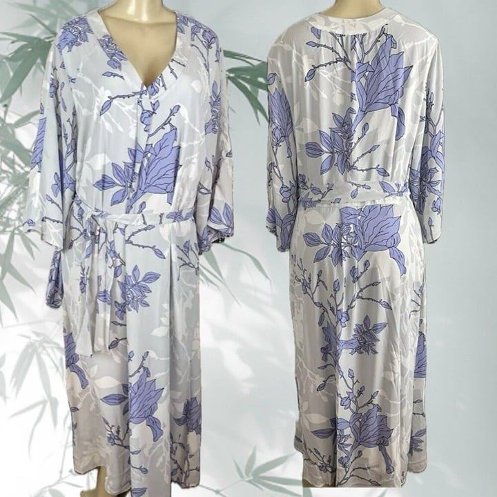 Roaman's +18W Blue Slate Floral V-Neck Lined Side Pockets 3/4 Sleeve Maxi Dress