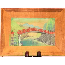Vintage Framed Painting on Silk Cloth Sacred Bridge Nikko Nat'l Park Tokyo Japan