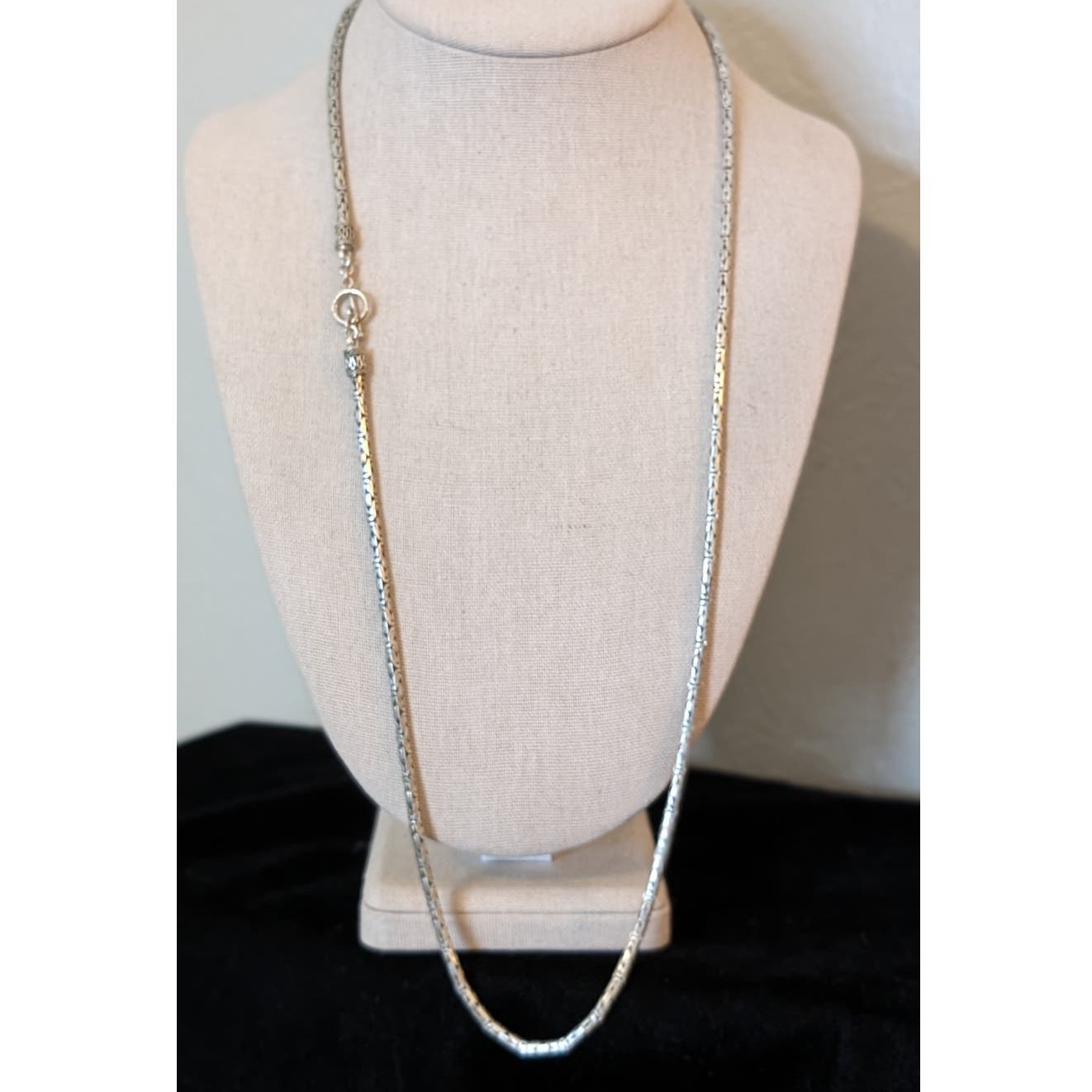 Sterling Silver 3mm Byzantine 30 Chain Necklace w/ Toggle Clasp & Bali End Caps