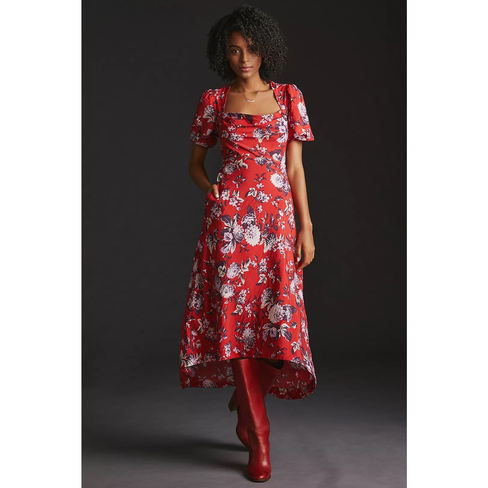 Anthropologie Maeve Sz 2 Puff Sleeve Floral High Low Square Neck Midi Dress NWT