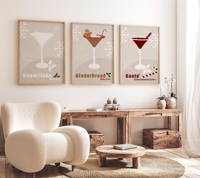 Christmas Set of 3 Cocktail Prints Santa Clausmopolitan Gingerbread Snow Poster