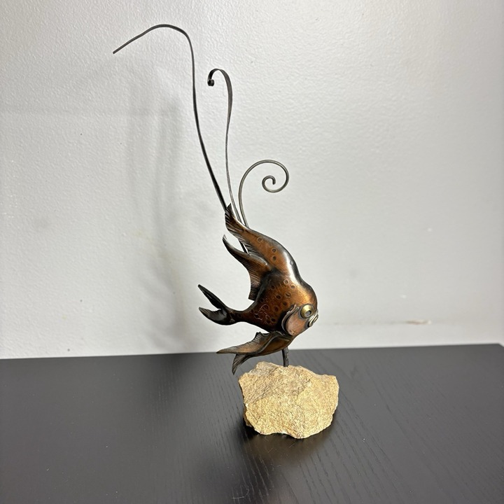 Vintage Mid Century Brutalist Bronze Metal Fish Rock Sculpture Anthropomorphic