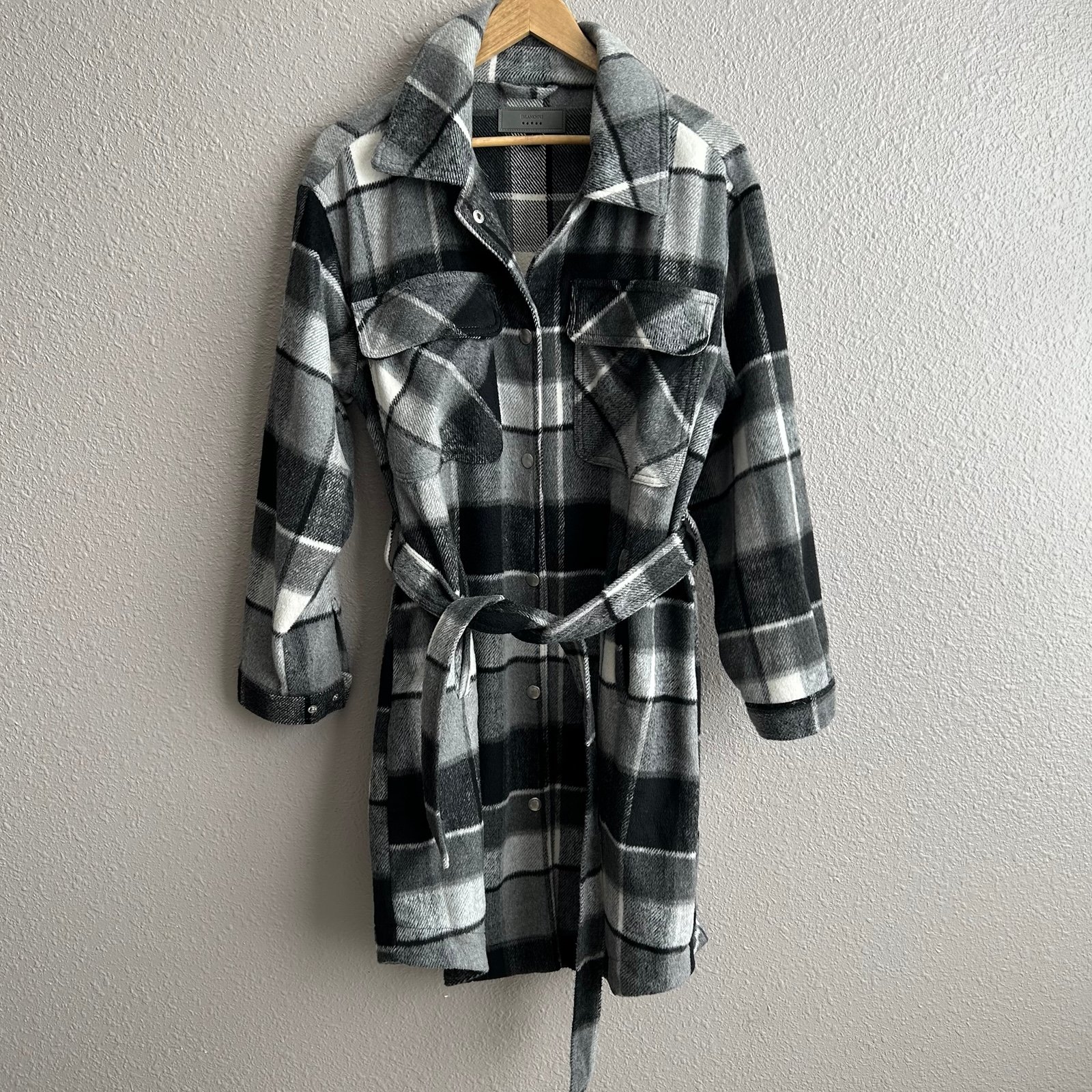 NEW Blank NYC gray plaid long flannel shacket trench belted waist jacket Large