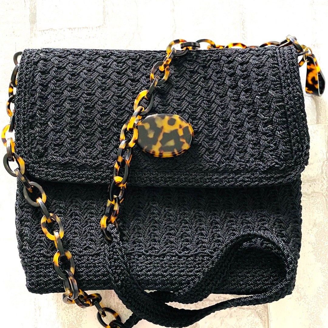 Christian Livingston Black Crochet Shoulder Crossbody Bag Faux Tortoise Shell