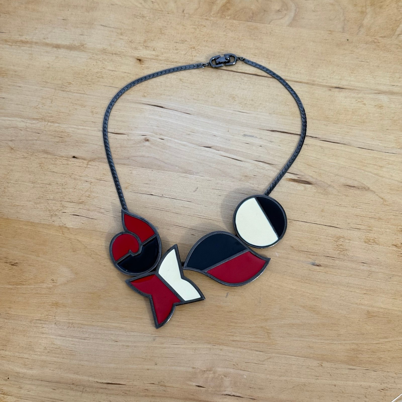 Vintage MONET Directives Art Deco Runway Necklace Red Black Cream Cloisonné