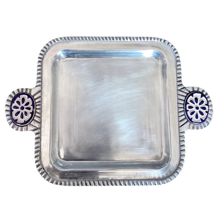 14X10 Handcrafted Aluminum Serving Tray With Blue & White Enamel Floral Handles
