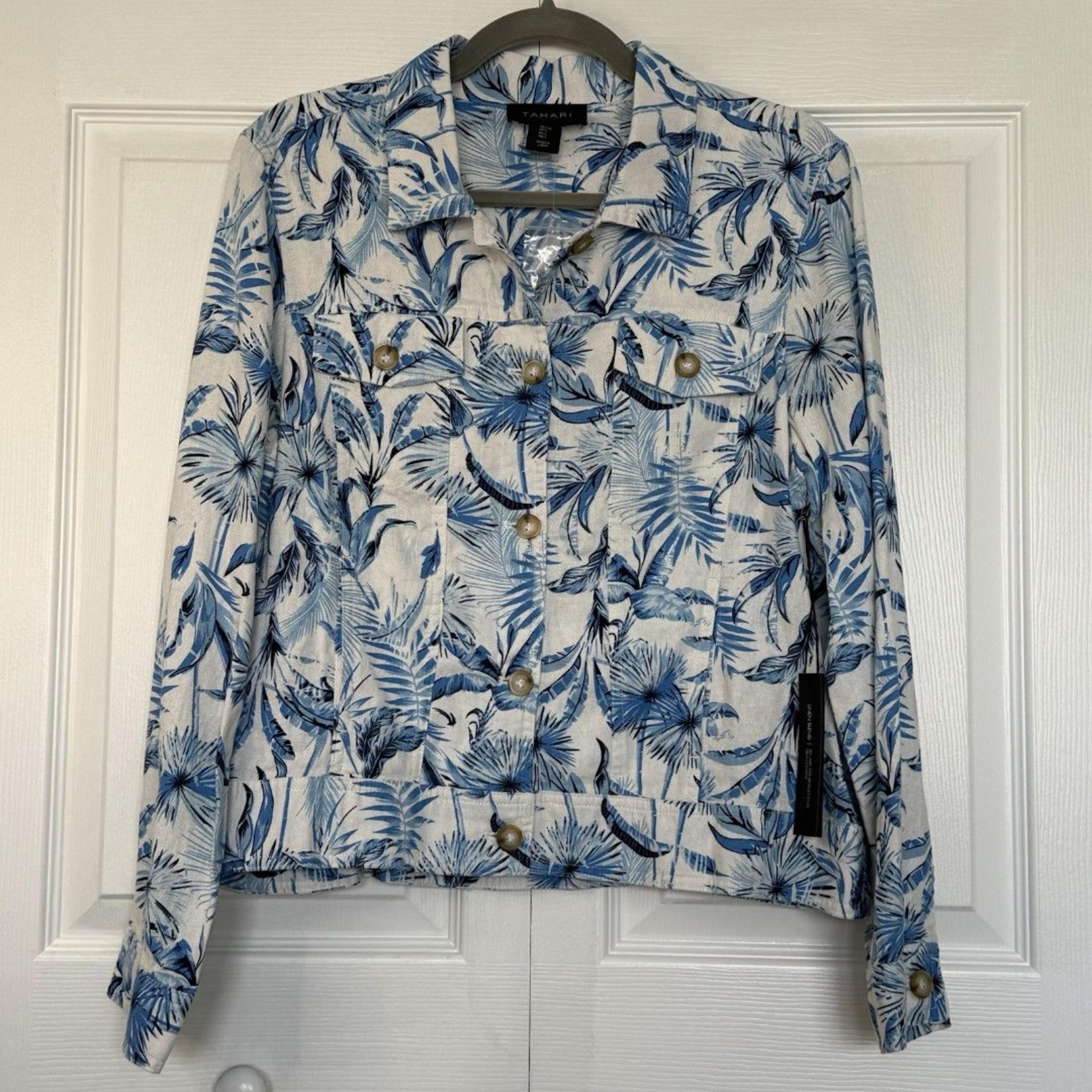 NWT Tahari Blue & White Tropical Print Linen Blend Jacket Women’s Size L