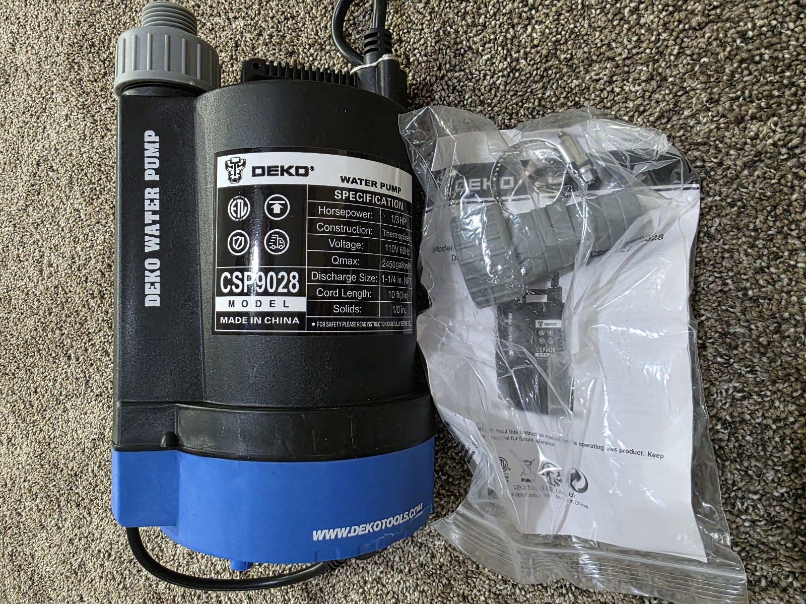 Submersible Water Pump 1/3 HP Utility Pump Thermoplastic Electric Portable New