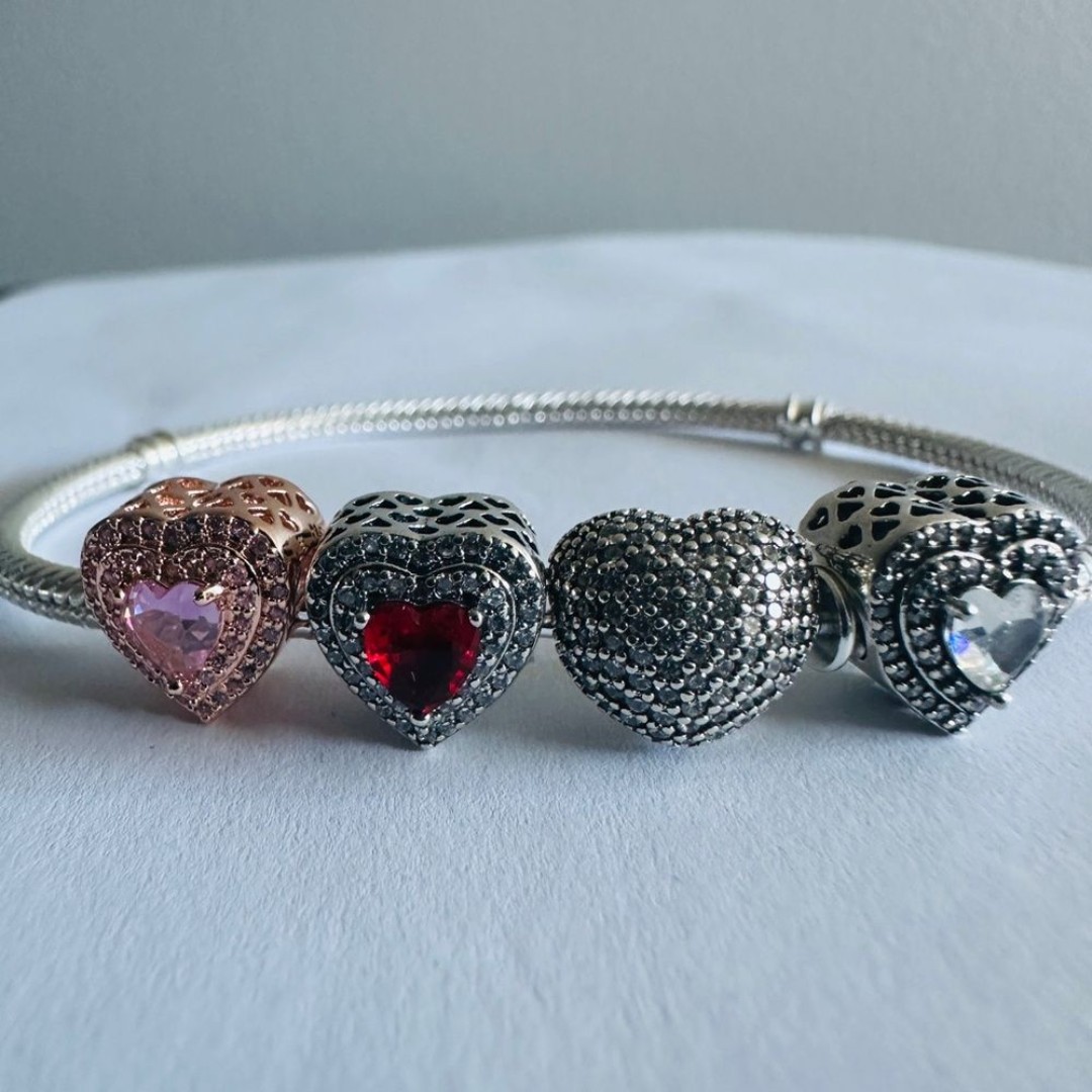 BRAND NEW Authentic Pandora Silver Pave Heart Bracelet & 3 Heart Levelled Charm