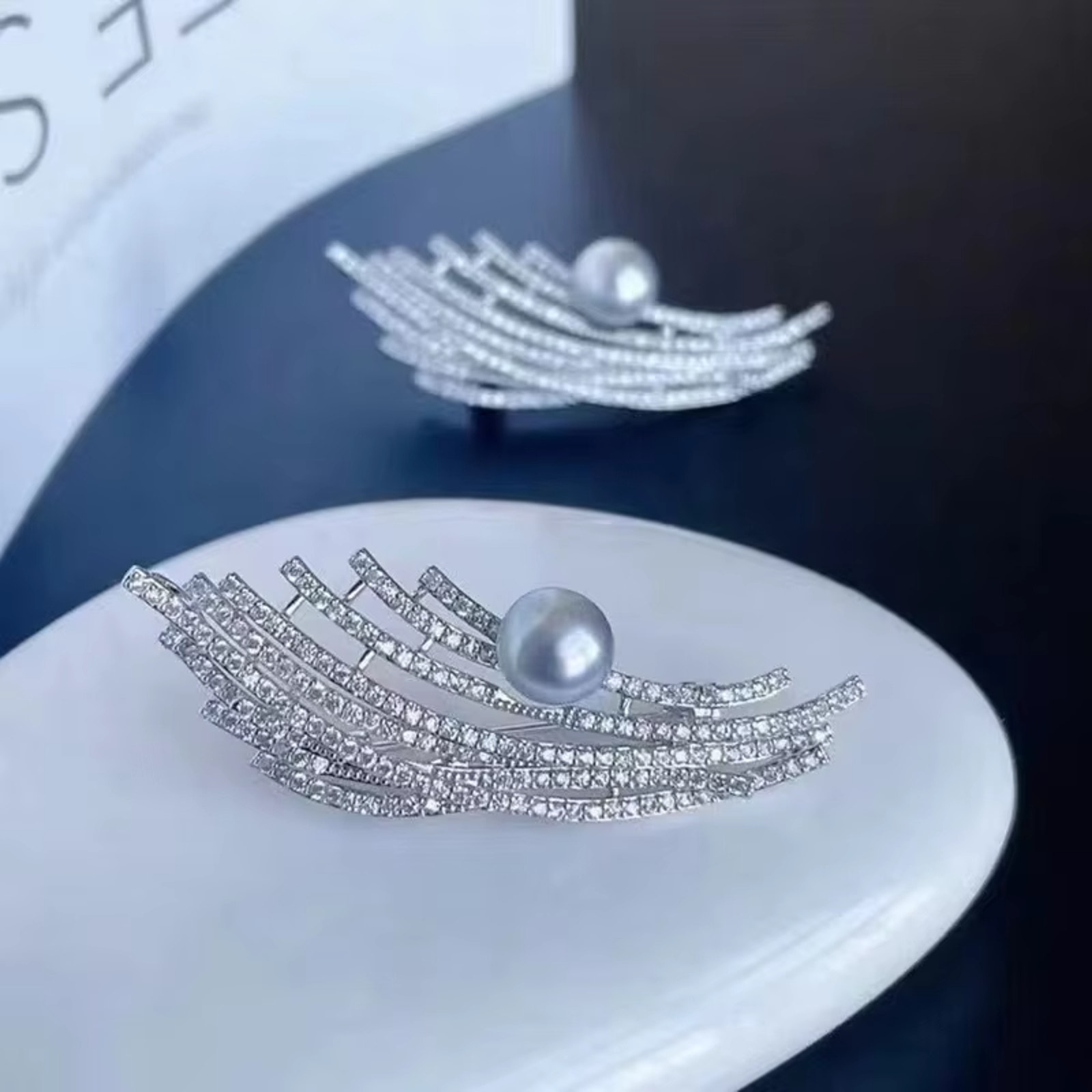 Silver Akoya Pearl (8-9mm) & CZ Brooch Pin Sterling Silver 925 14k Gold Filled