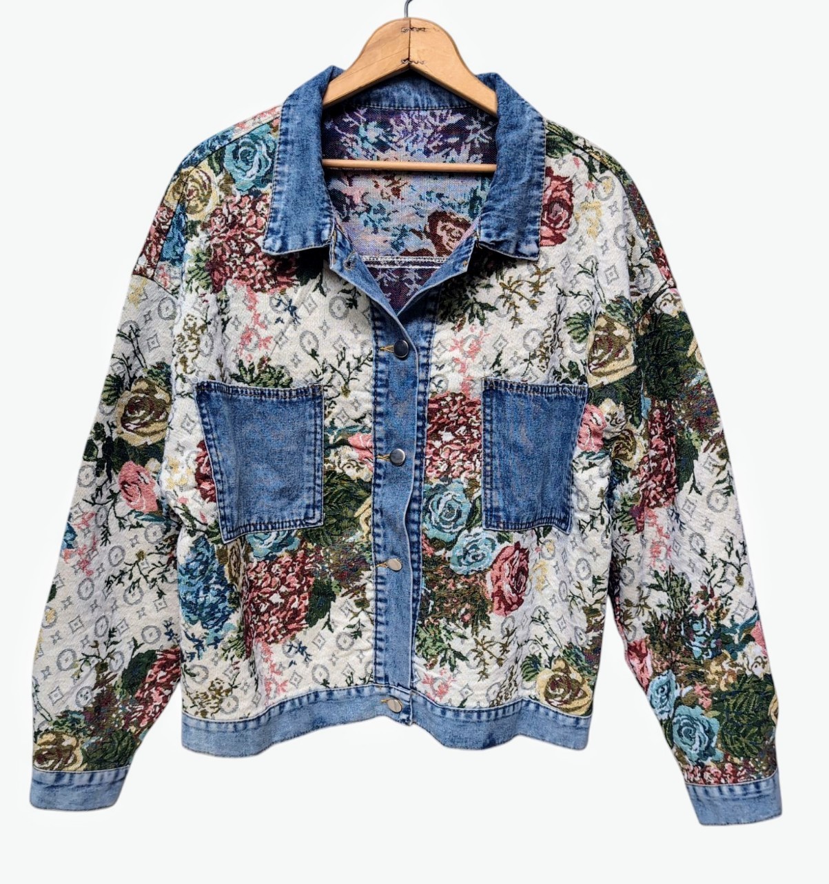 Floral Print Jean & Jacquard Denim Bomber Jacket Women's Size MEDIUM