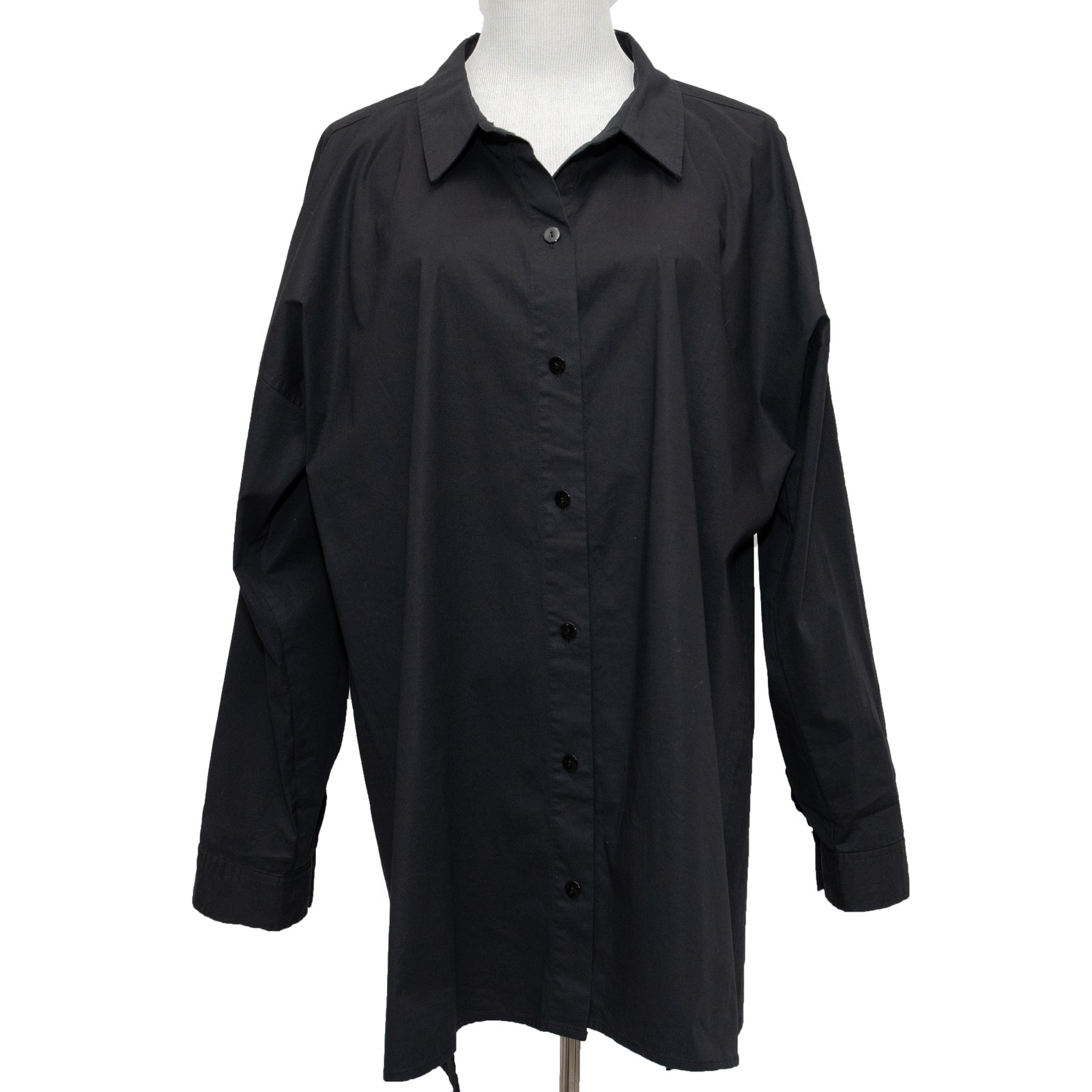 Eileen Fisher Black Organic Cotton Button Down Long Sleeve Stretch Shirt Size XL