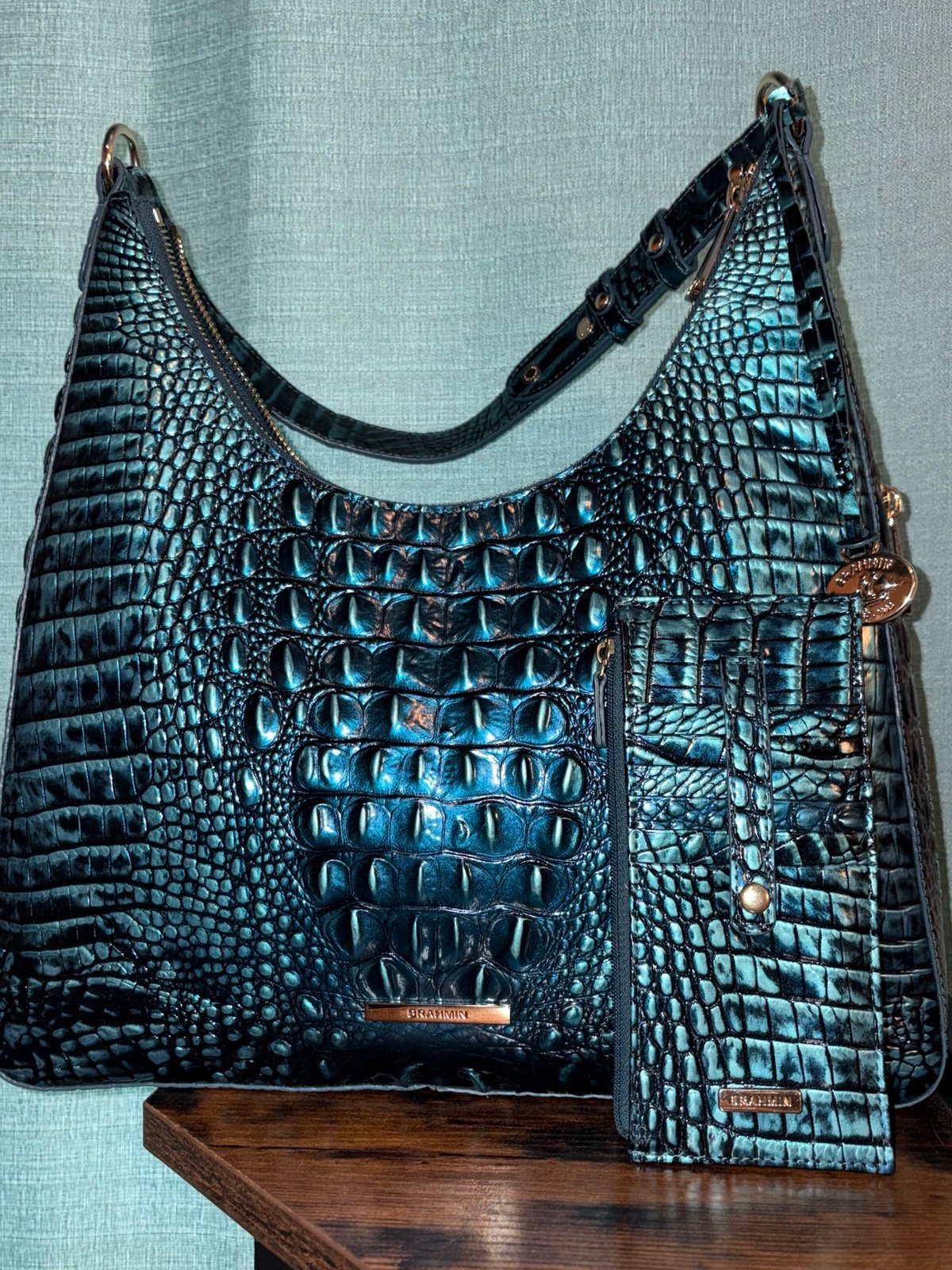 Brahmin Blue patina Tabitha bag and Credit card wallet