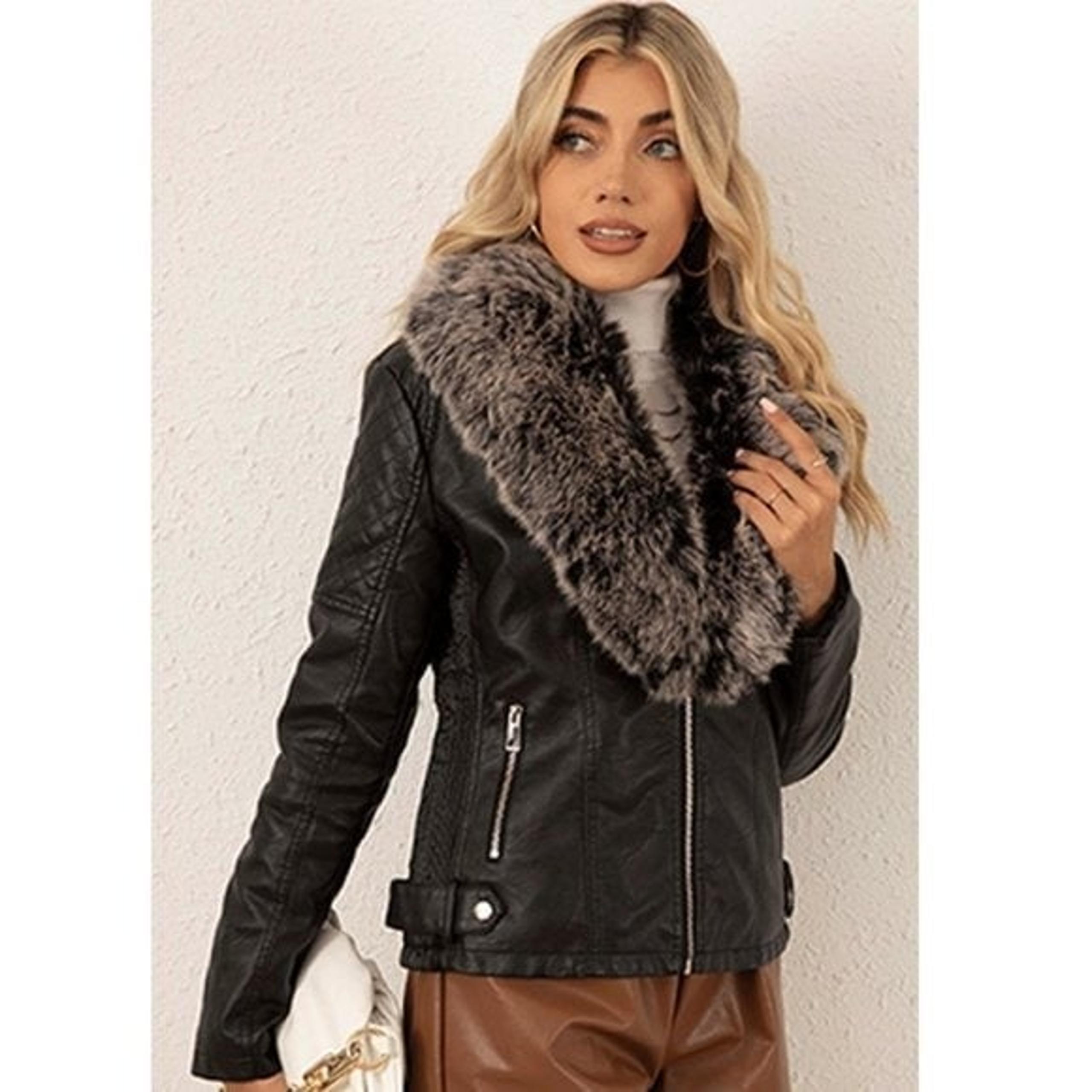 Gray Faux Fur Black Leather Motorcycle Bomber Jacket Sherpa Lined Winter Coat