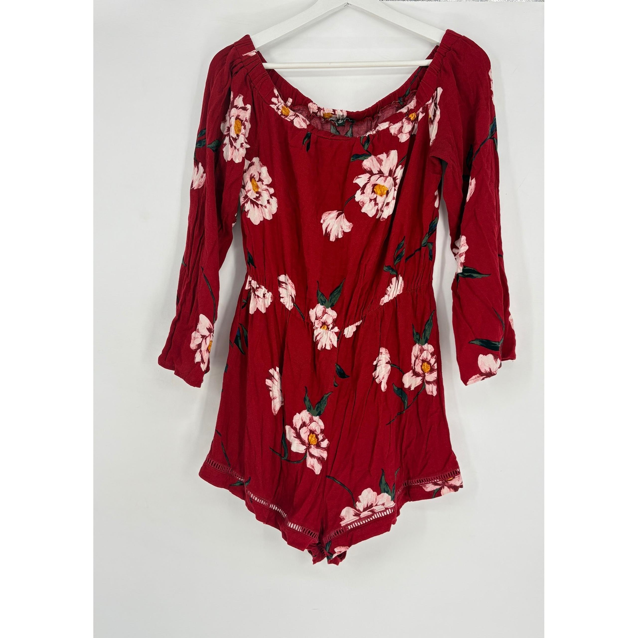 Kendall & Kylie Floral Romper Off Shoulder 3/4 Sleeve Casual Red Medium