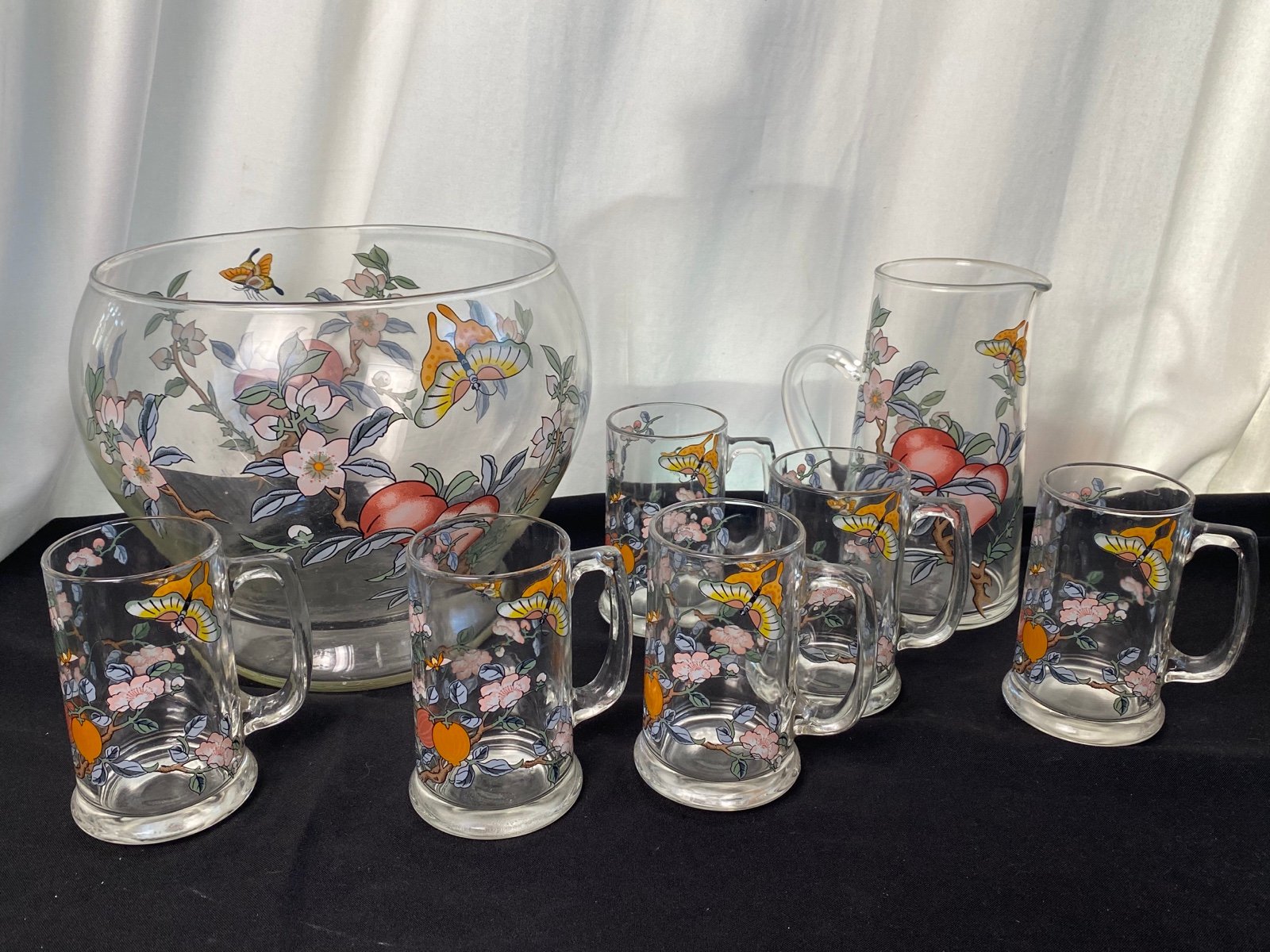 Vintage 8 piece Glass Punchbowl Set Floral Butterfly Design 6 mugs pitcher 1960s