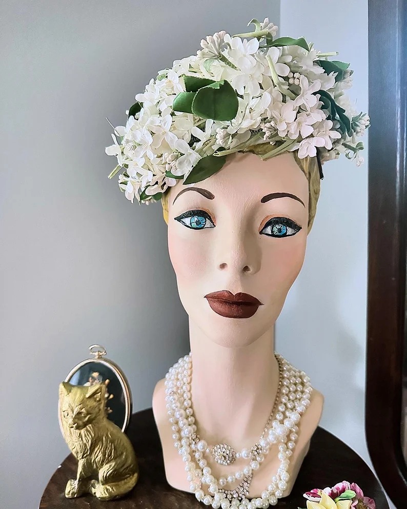 Vintage White Flower Hat, Consuelo Floral Hat, 1960s Flower Hat, 50s Flower Hat