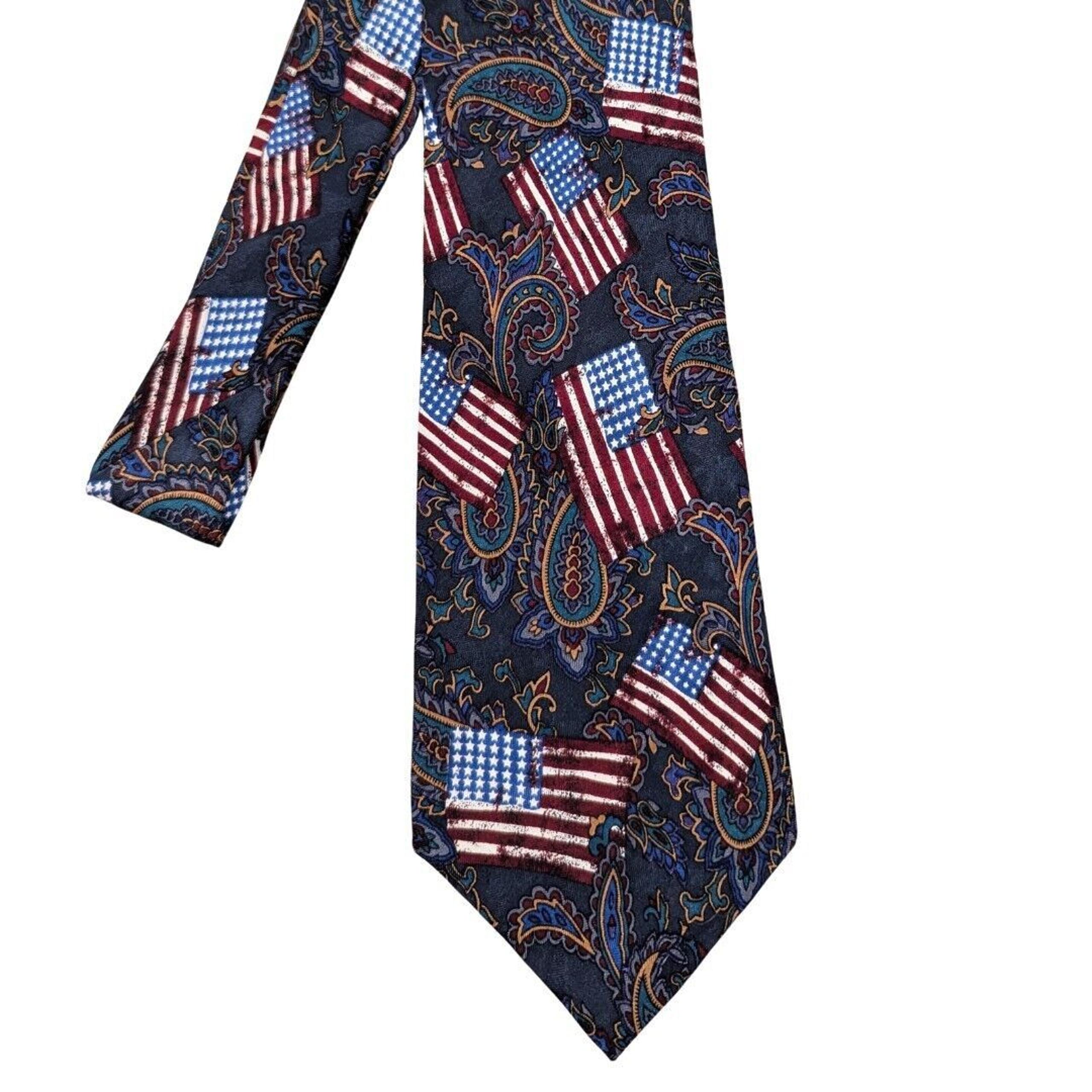 Adolfo 100% Silk Tie American Flag Paisley Patriotic USA Classic Width