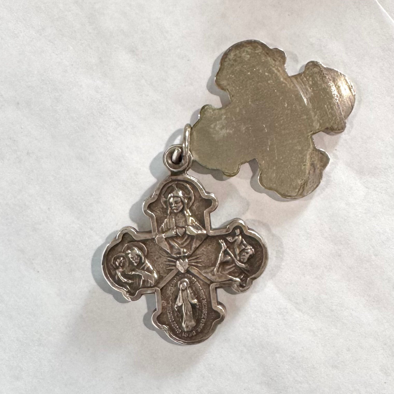 Vintage Catholic Cross Sterling M. De Jean Inscribed Swing Pendant Medal