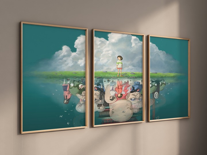 Spirited Away Poster Framed 3 piece Anime Wall Art, Studio Ghibli, Japanese Anim