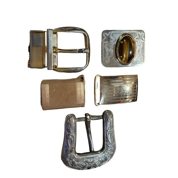 5 Signed Belt Buckles Vintage Men Women Silver Bronze, Nickel, Swank