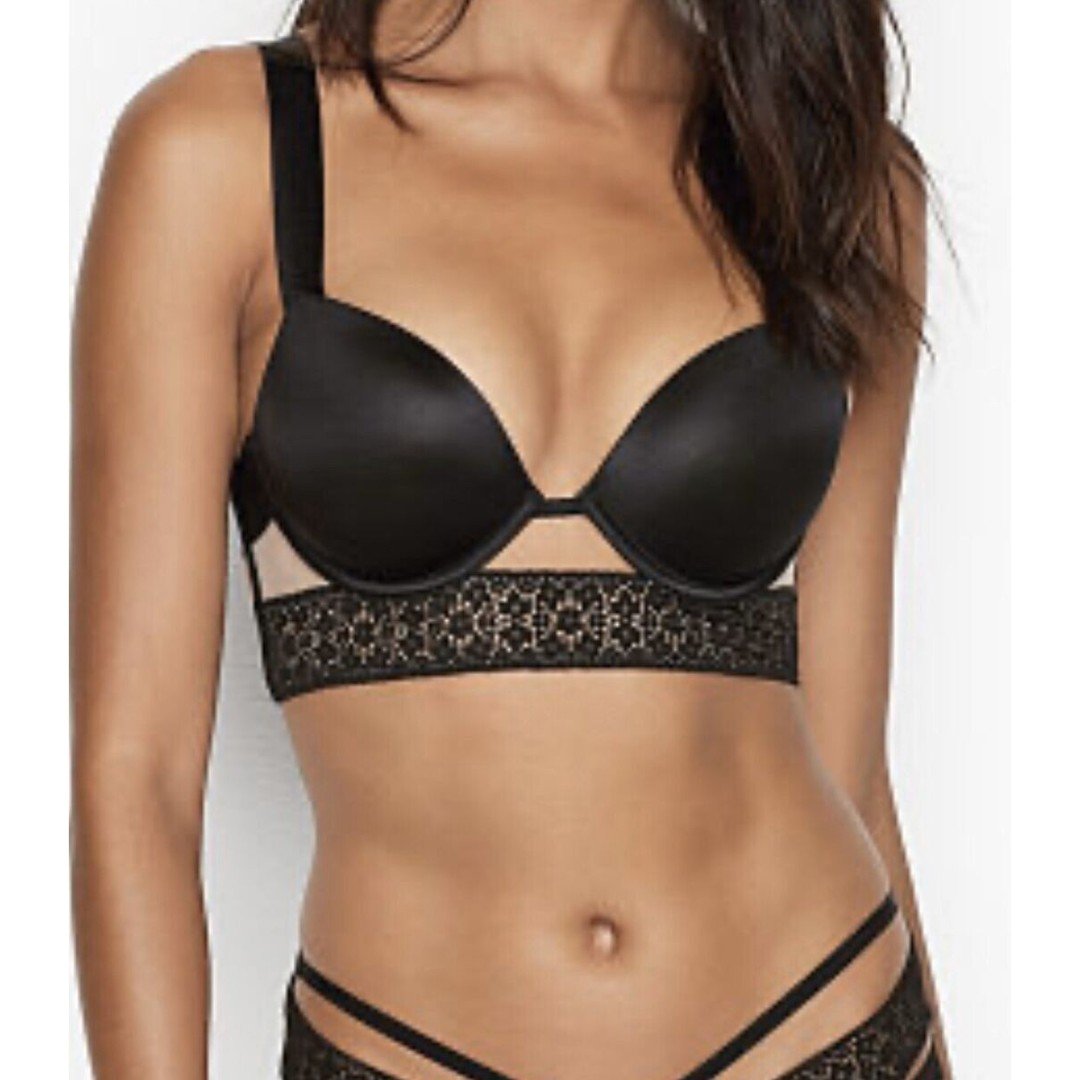 Victoria Secret Banded Lace Very Sexy Push Up Bra Caged Wide Strap Sz 34C Black