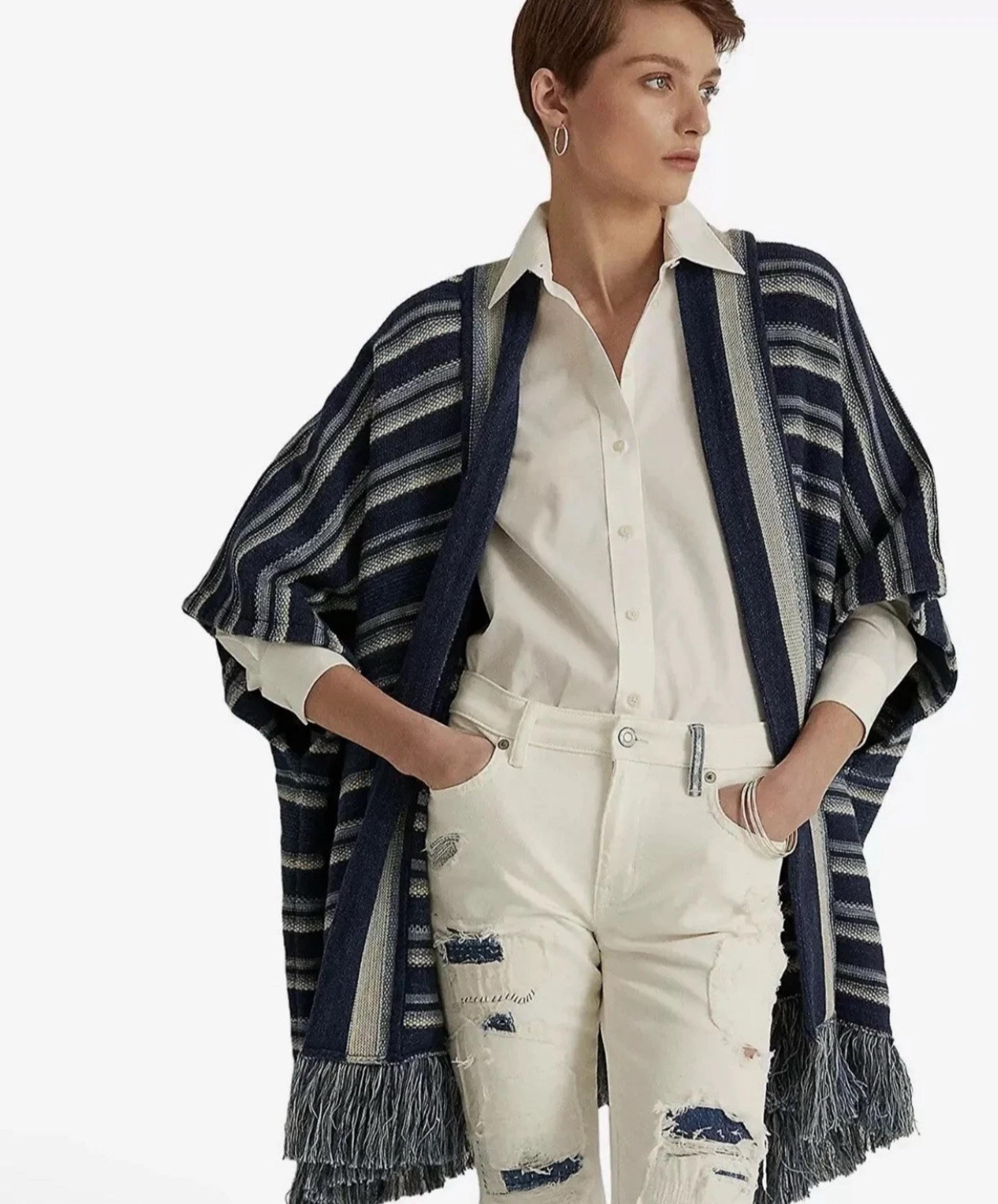 Lauren Ralph Lauren Cardigan Sweater Blue Stripe Knit Shawl Womens Size L/XL NWT