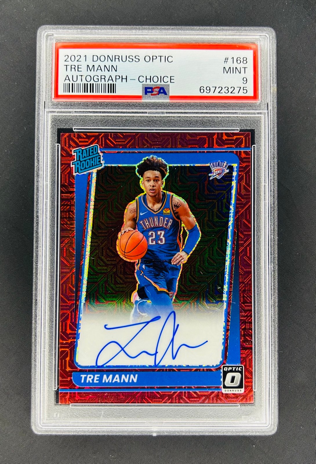 2021-22 Donruss Optic Tre Mann #168 Red Mojo Choice Rookie RC On Card Auto PSA 9