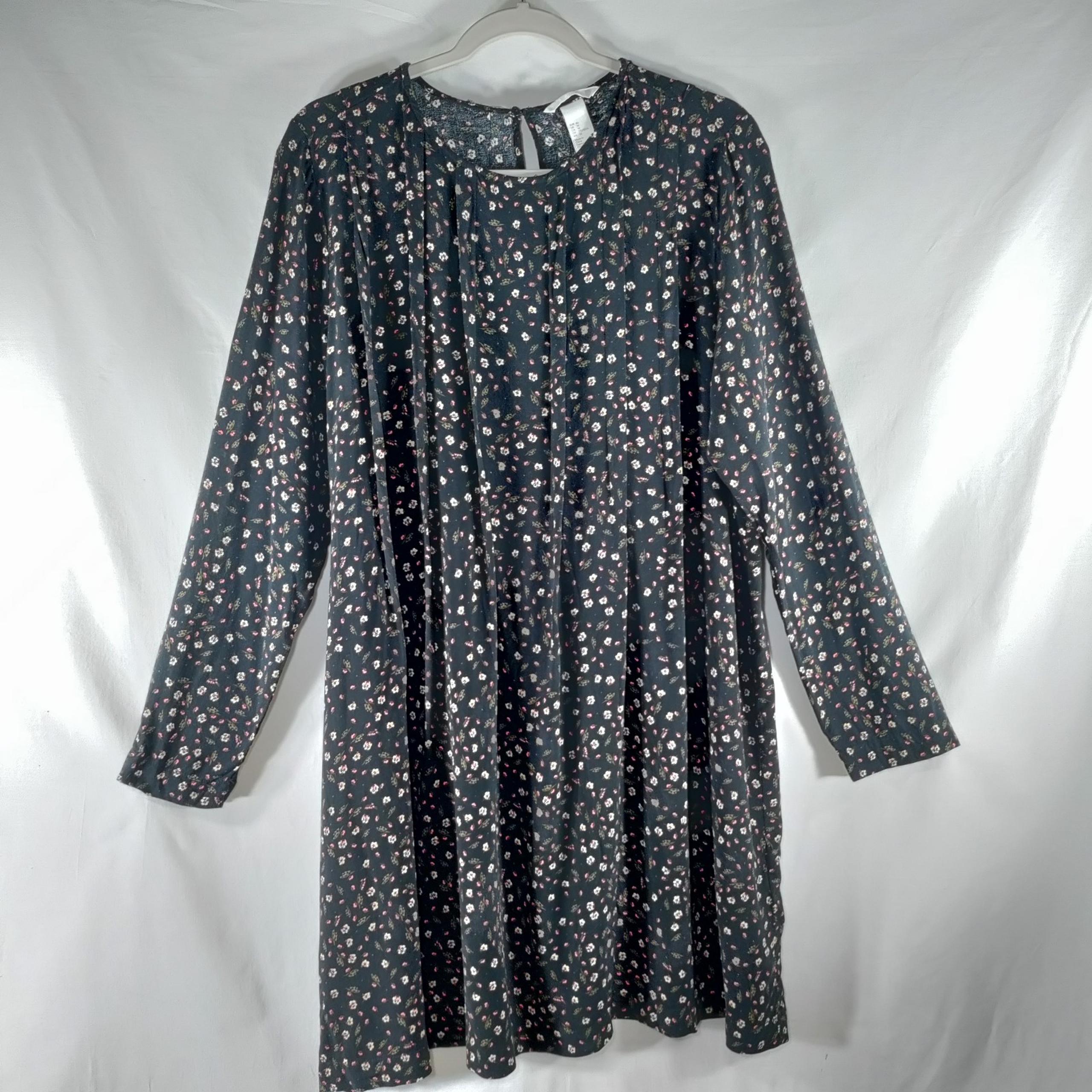 H&M Dress Womens 14 Black Floral Knee Length Long Sleeve Flowy Loose Fit