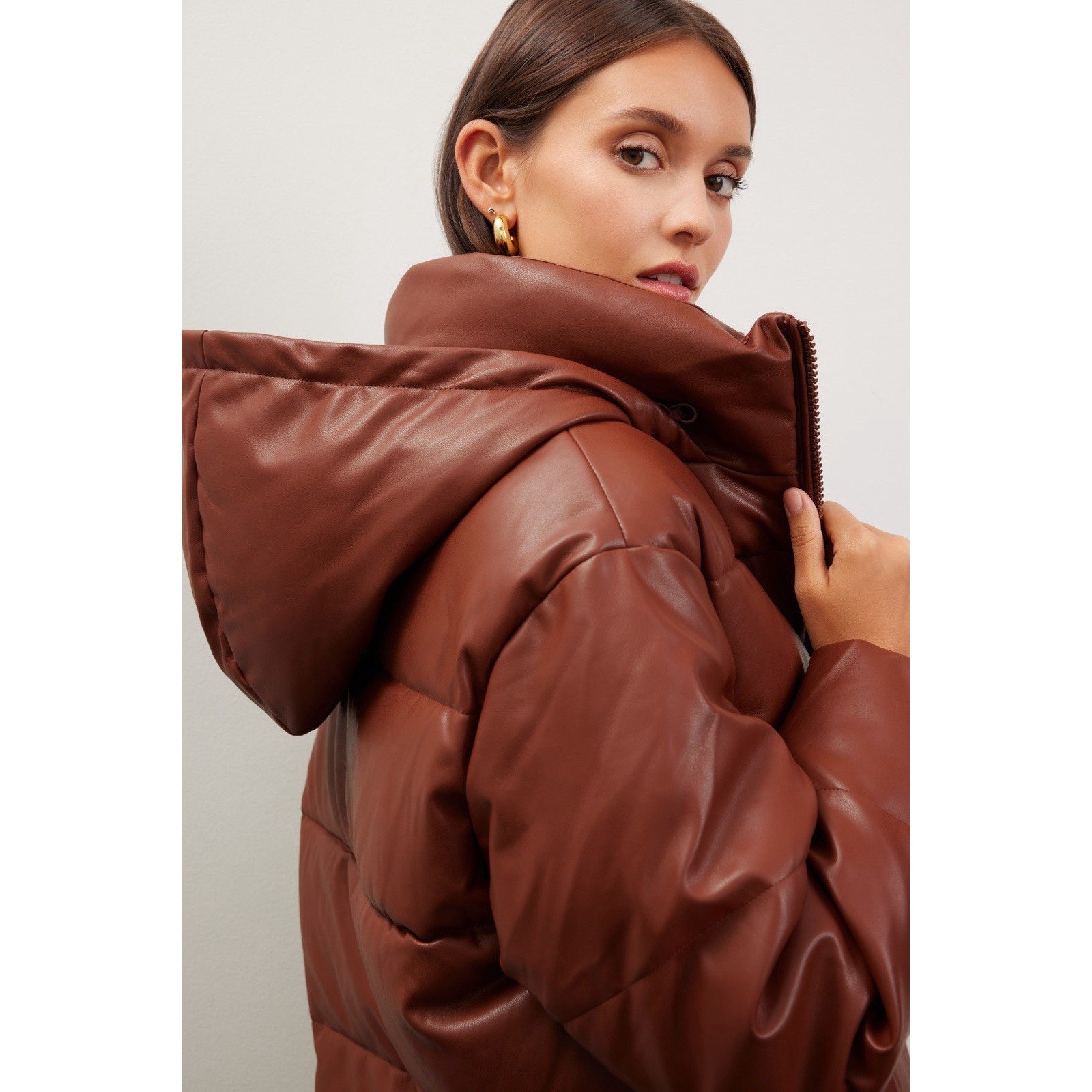 OOF Wear Faux Leather Puffer Jacket Size IT/42-US/ 6 Brown Hoodie Women's Medium