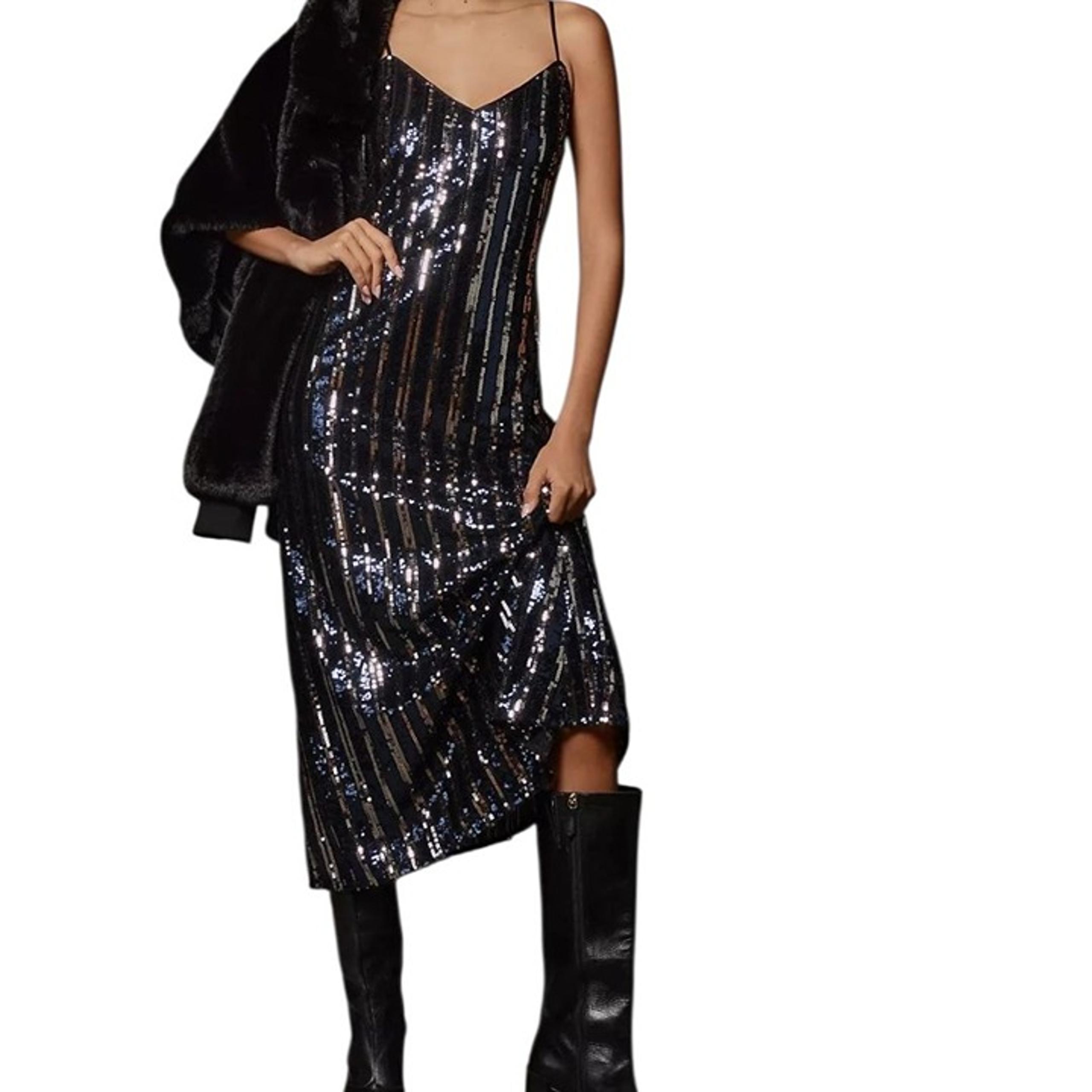 Anthropologie Maeve Womens L Sleeveless Sequin Stripe Midi Dress Navy Black NWT