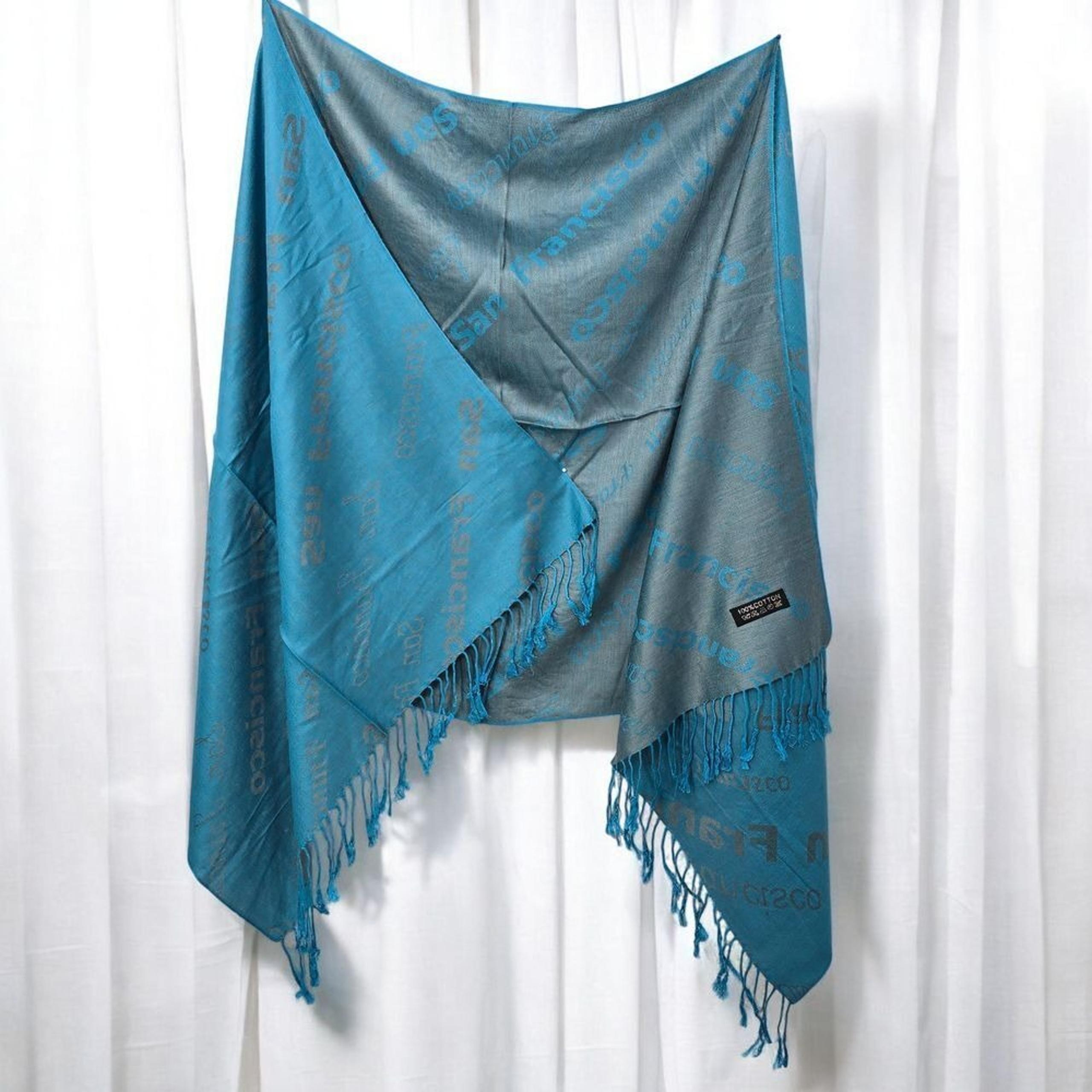 Luxury Cotton Fringe Scarf Wrap Shawl Blue Gray Ombre Pattern 25.5"W x 68" L