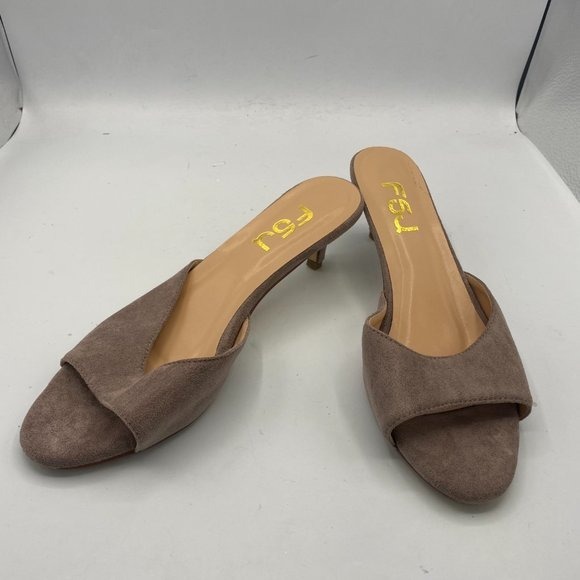 FSJ Tan Comfort Low Heel Sandals Peep Toe Mules