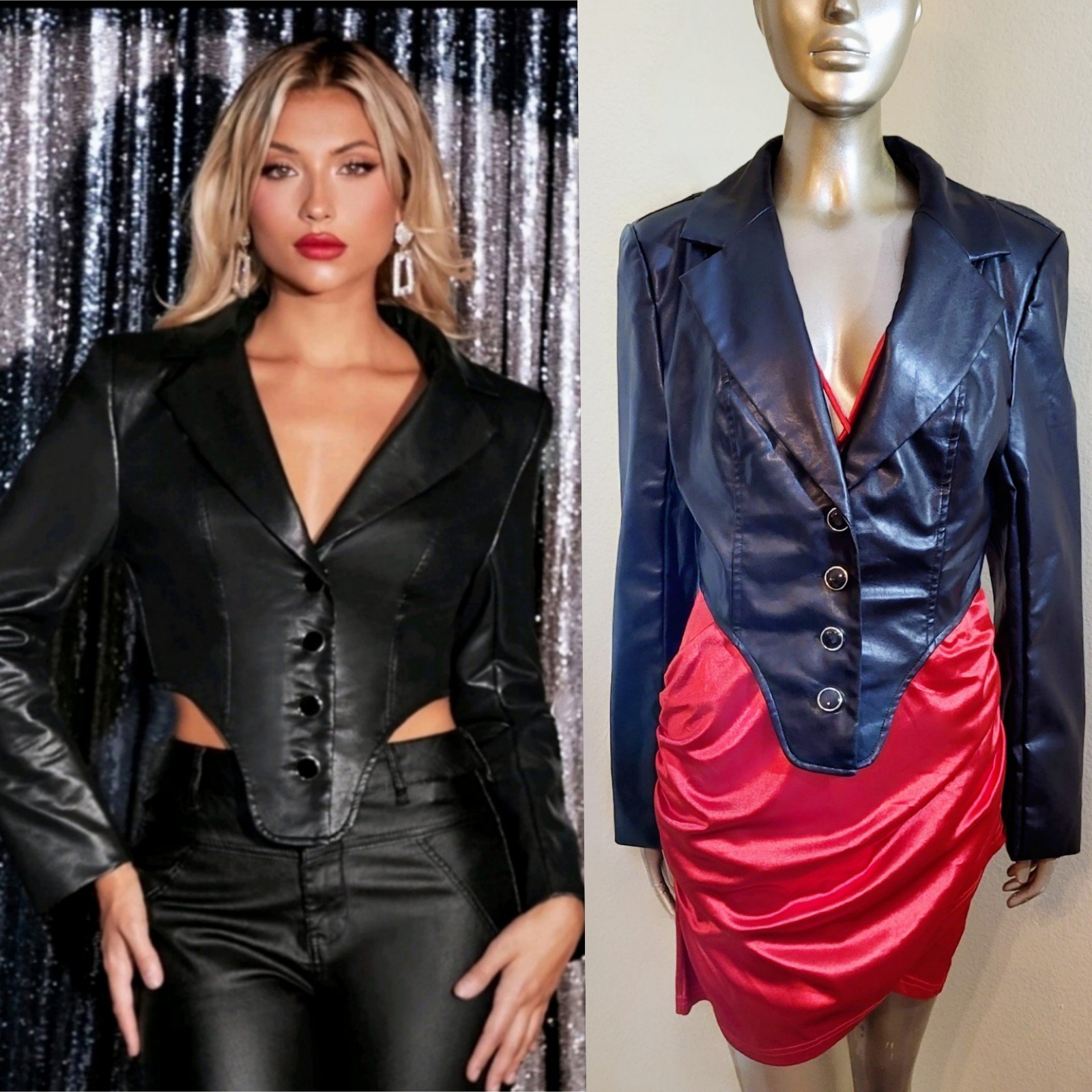 NWT Black Assymetrical Hem Faux Leather Blazer Jacket Sz L