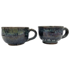 2 Studio Pottery Soup Coffee Tea Mugs Ceramic Glazed Blue & Green Drip Pattern