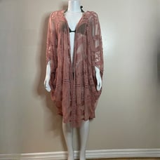 Dusty pink embroidered leaves mesh lace beach cover up kimono