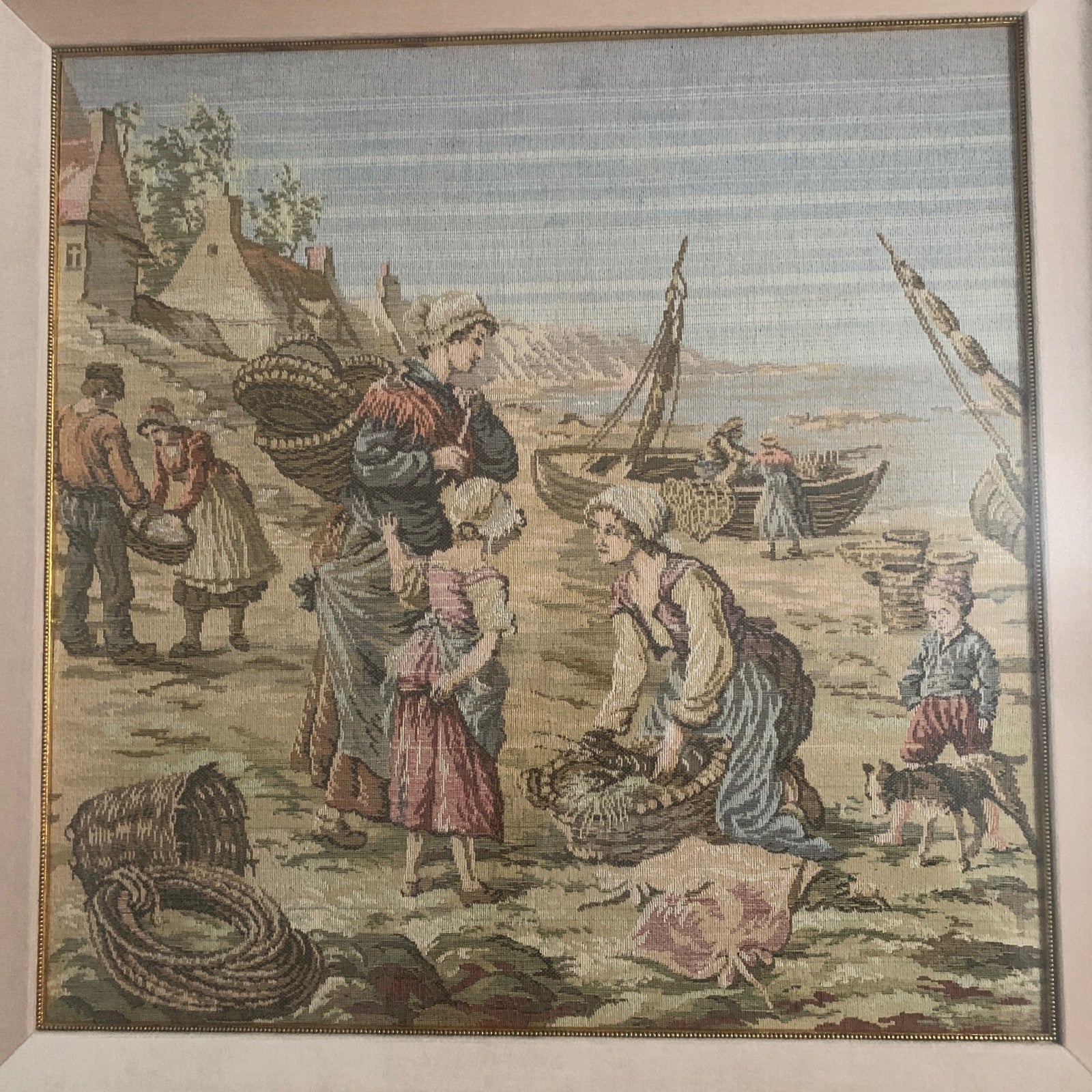 Vintage Tapestry Large 23” X 23” Women Working By the Sea Dogs Victorian Gold F