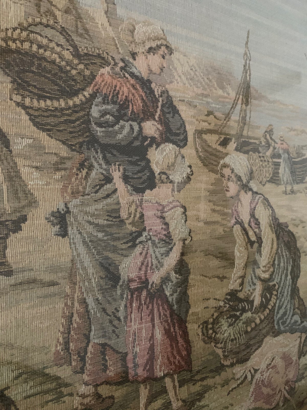 Vintage Tapestry Large 23” X 23” Women Working By the Sea Dogs Victorian Gold F