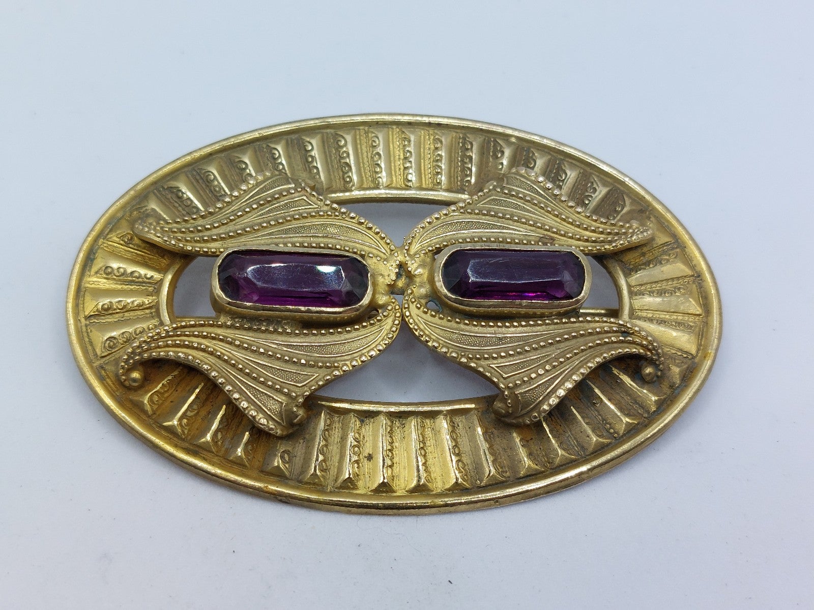 Art Deco Purple Amethyst Czech Glass Gold Finish Brooch Pin 3 Antique