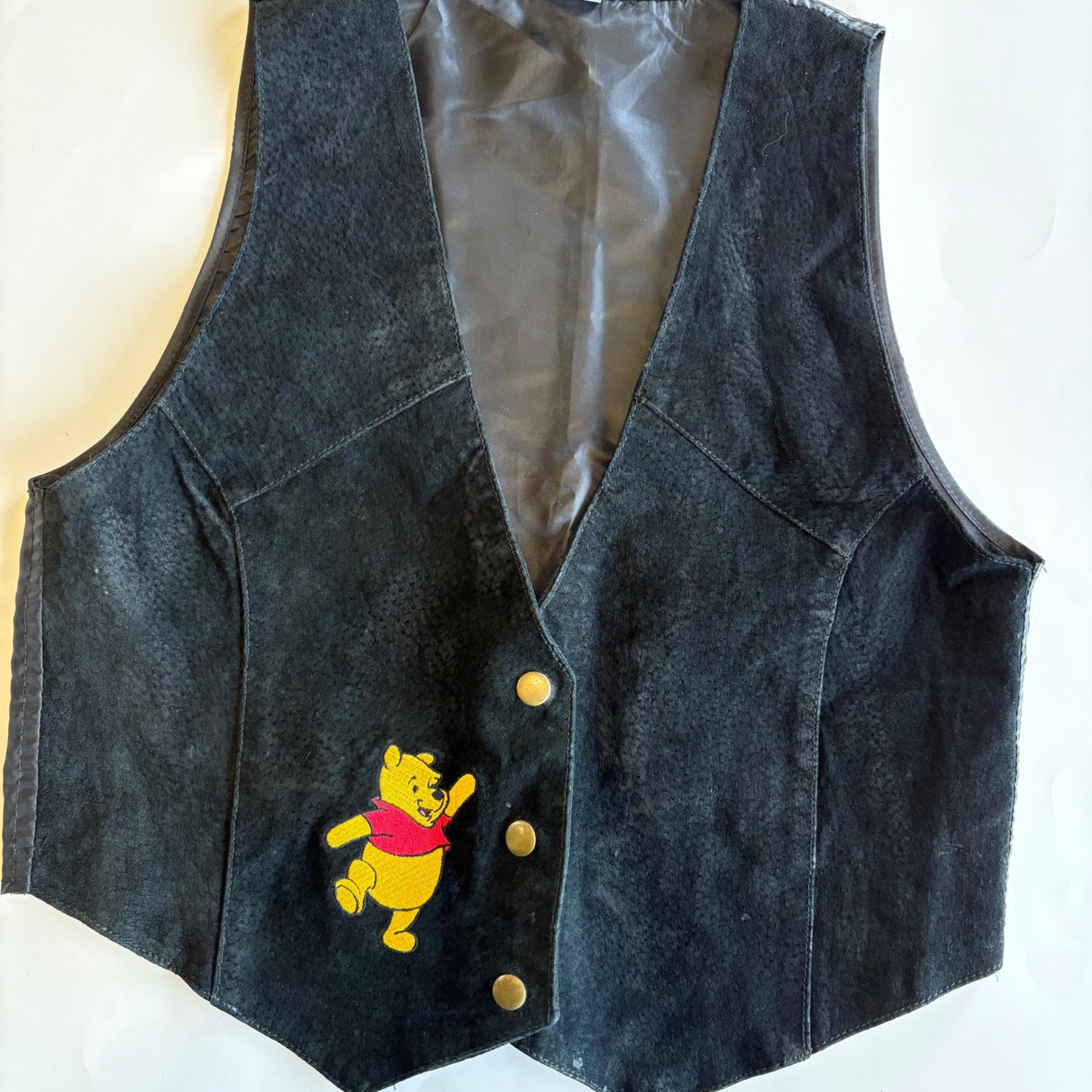 Vintage Disney Pooh Vest Black Suede Leather Embroidered Button Front Womens S/M