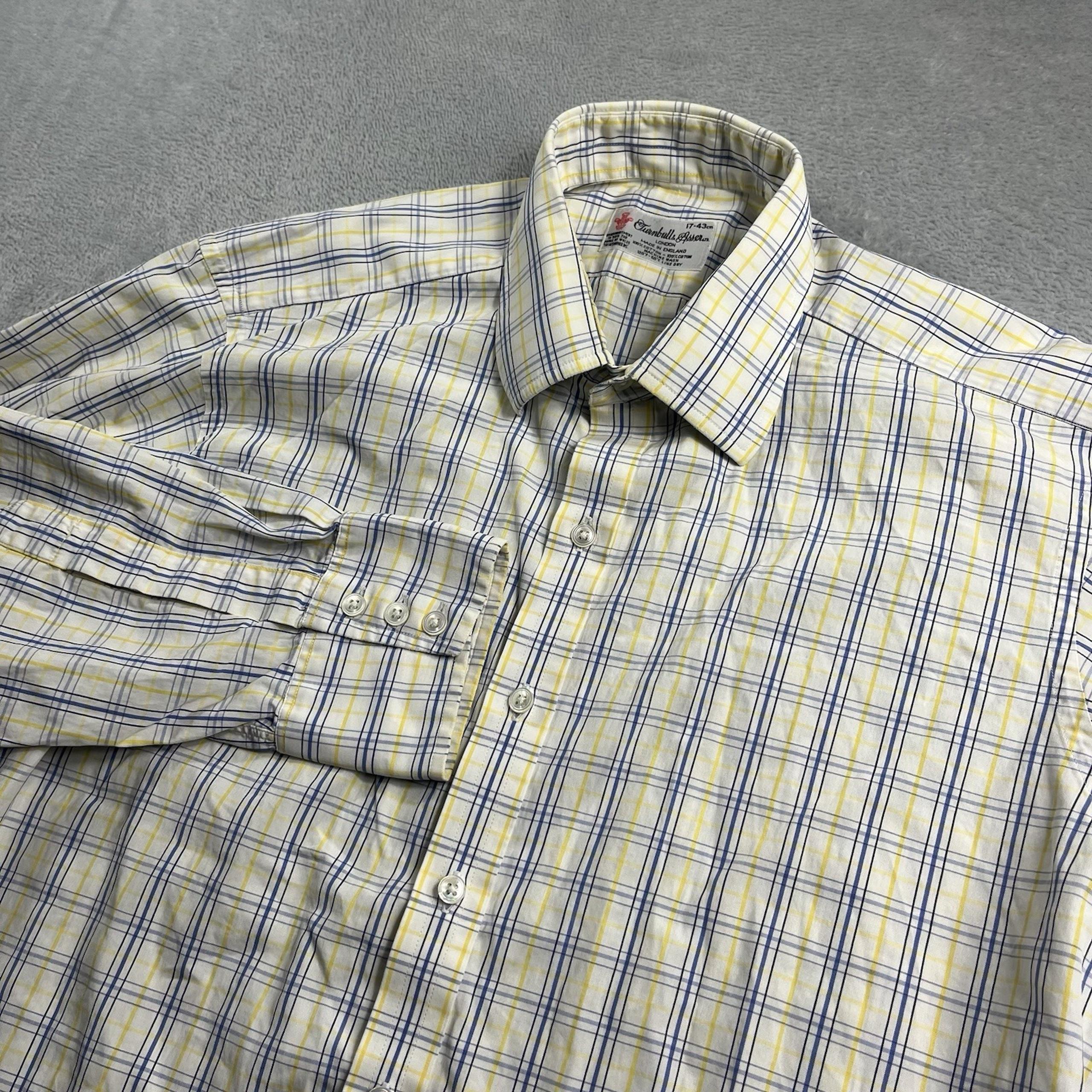 Turnbull & Asser Shirt Men's 17 43 Yellow Blue Check Barrel Cuff Collar Preppy