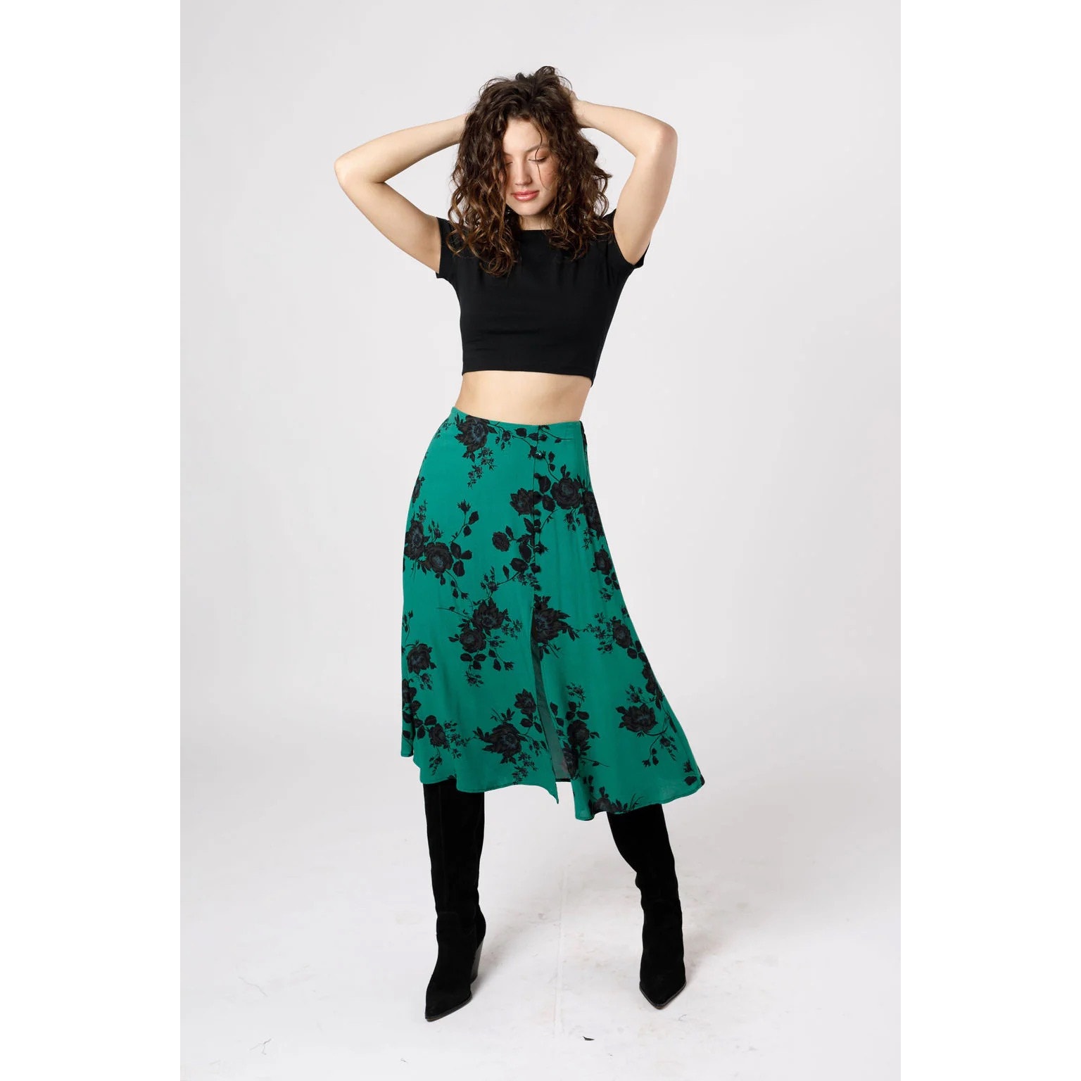 Band of Gypsies NWT Etta Emerald Floral Midi Skirt Size M