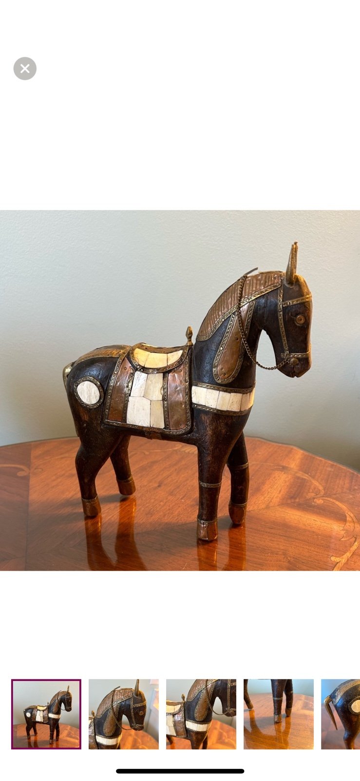 Vintage horse statue mother of pearl, brass, copper and wood, Asian decor