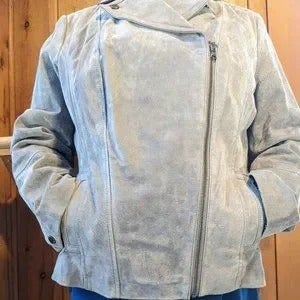 Vtg Ladies Dove Grey Suede Lined Jacket Zipper Biker Style Isaac Mizrahi Size L
