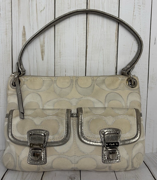 Coach Silver Poppy Signature Sateen Shoulder Bag A1269-18980 EUC 13x9x1 Drop 8”
