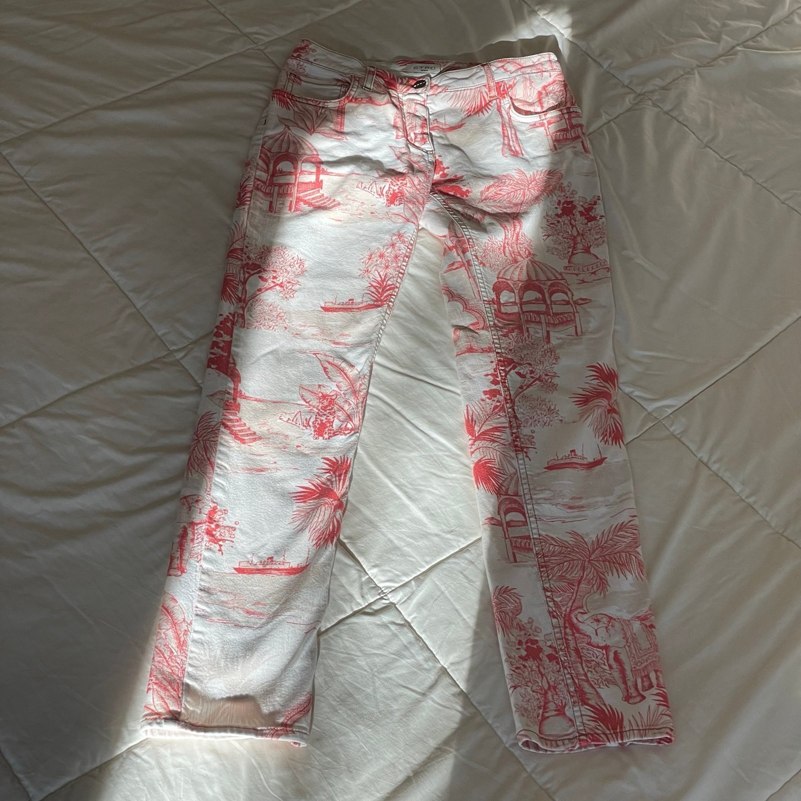 White skinny jeans by Etro. Exotic Toile Safari Voyages pattern in coral & cream