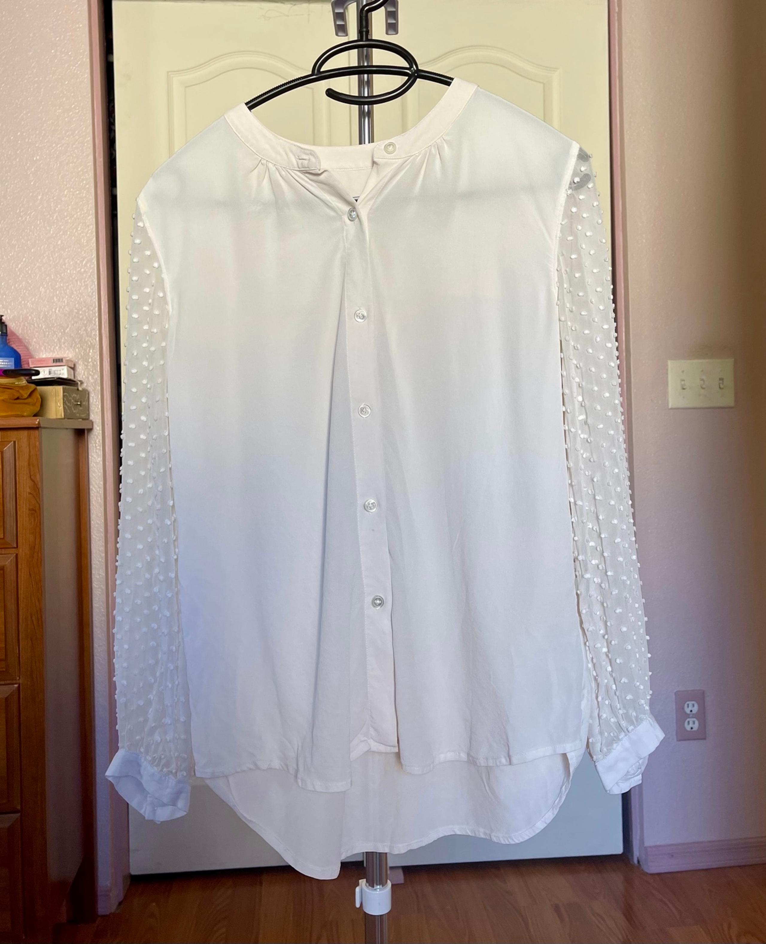 100% Silk White Swiss Dot Rails Blouse, Size S