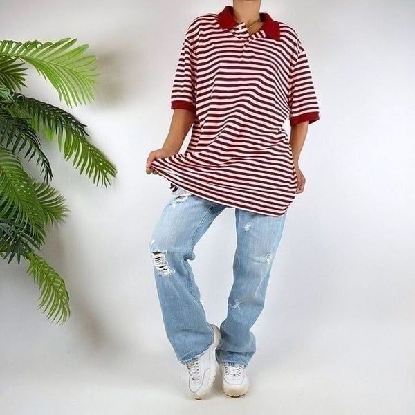 Vintage 90s Indie Grunge Red Striped Short Sleeve Oversized Polo Shirt / Sz: XL